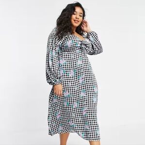 Simply Be midi dress with knot front detail in gingham floral